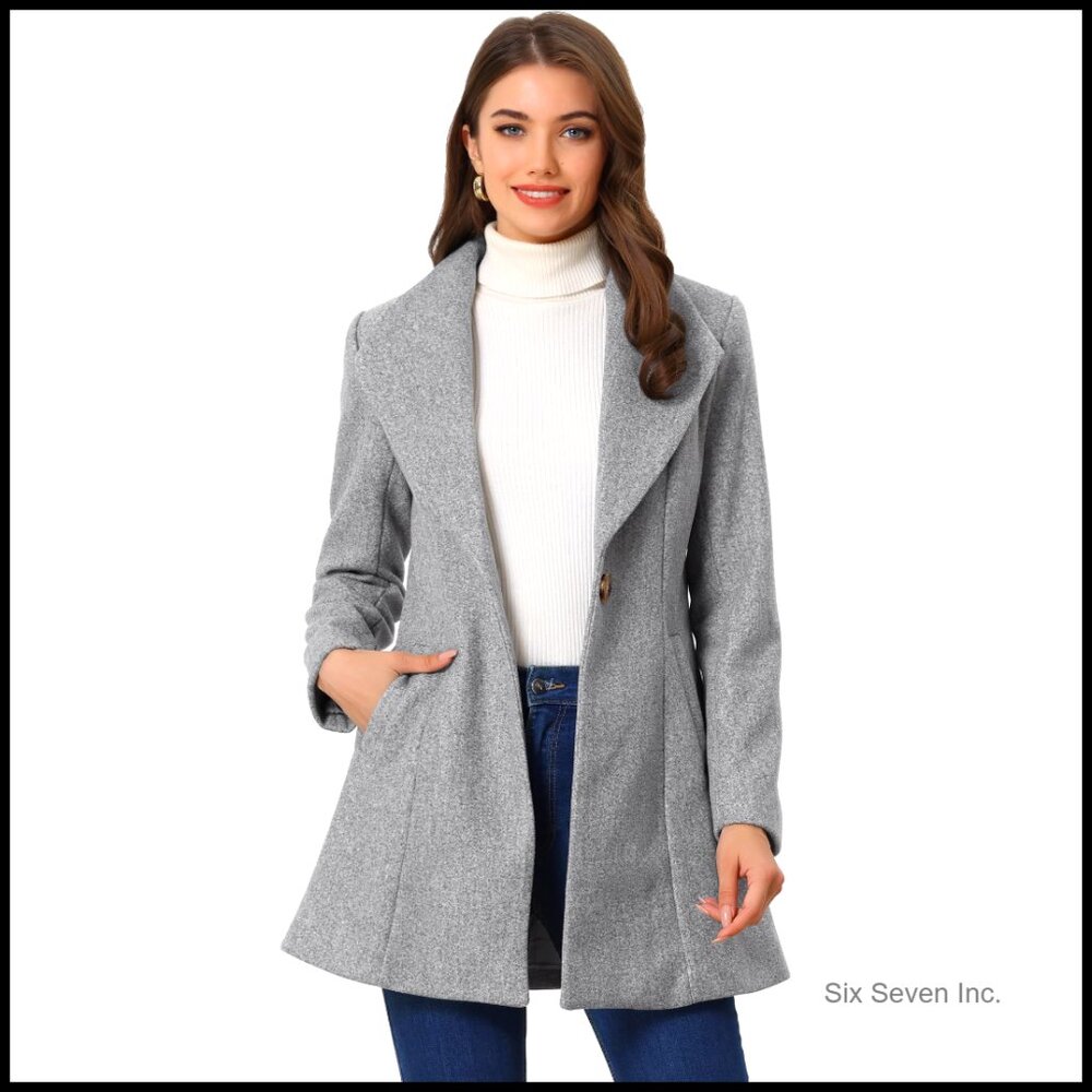 Polyester Blend Pea Coat with Notch Lapel Collar and Button Closure